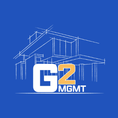 Logo with architectural line art and G2 MGMT text on blue background.