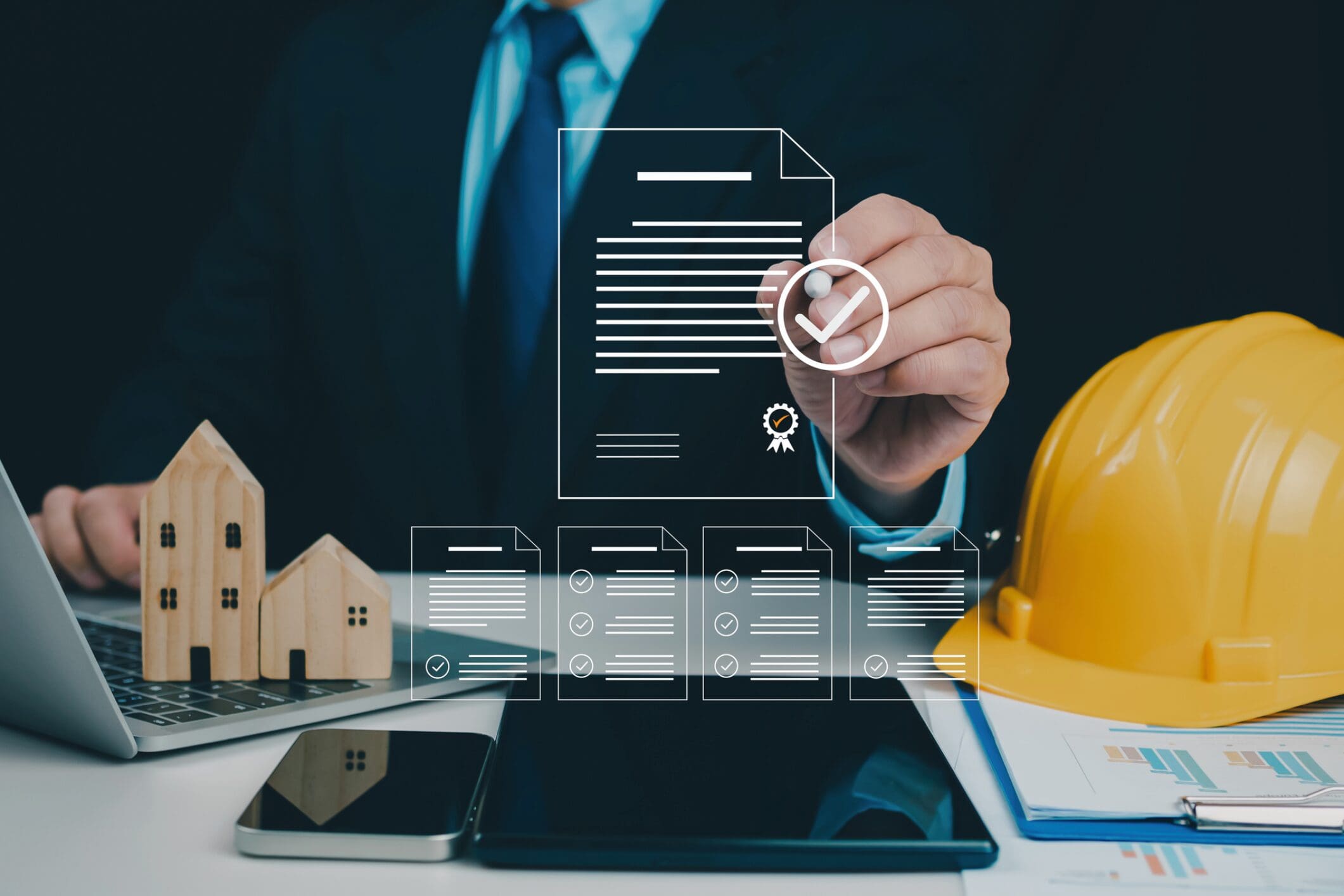 Businessman with construction documents and tools.