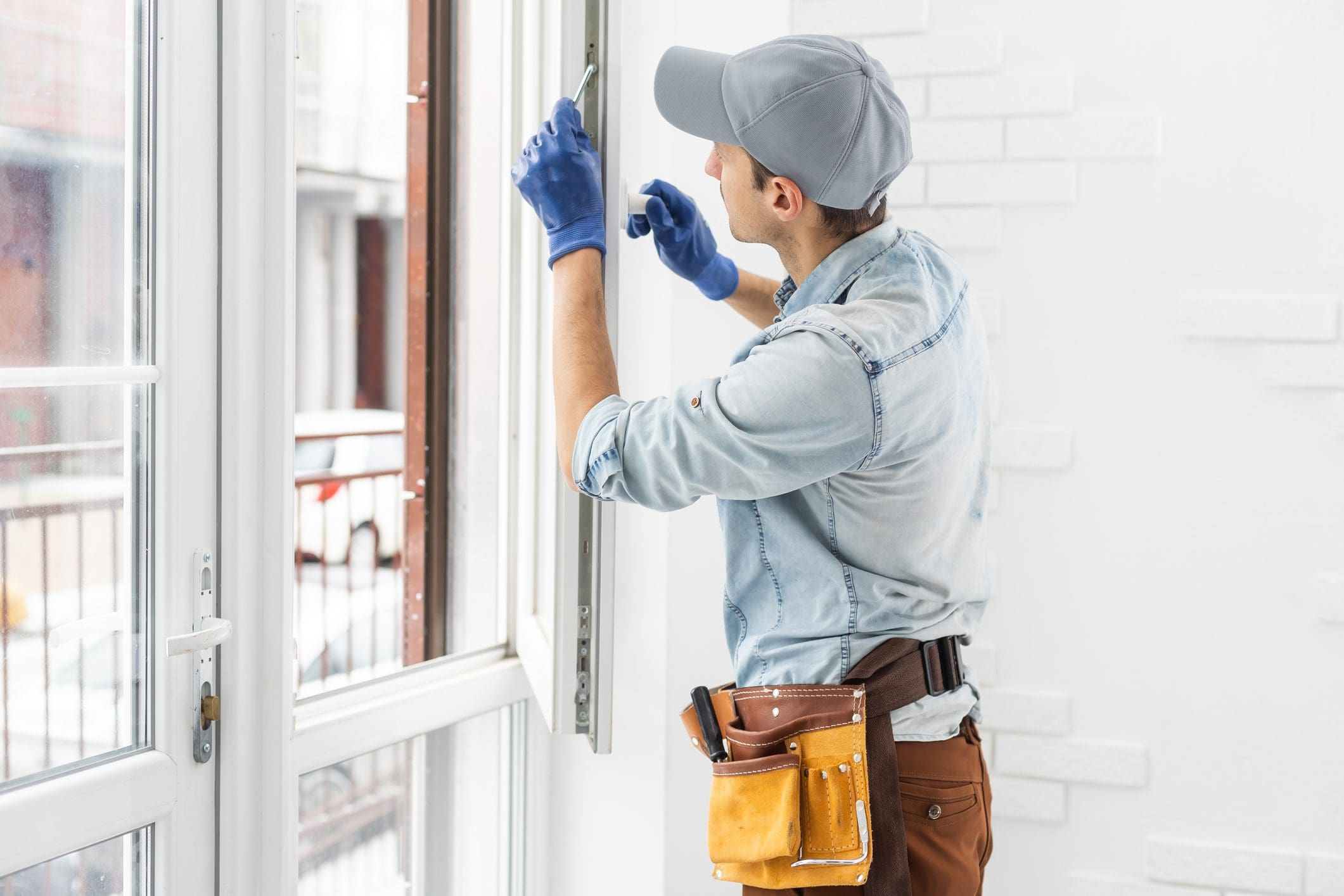 Worker installing a window with tools.