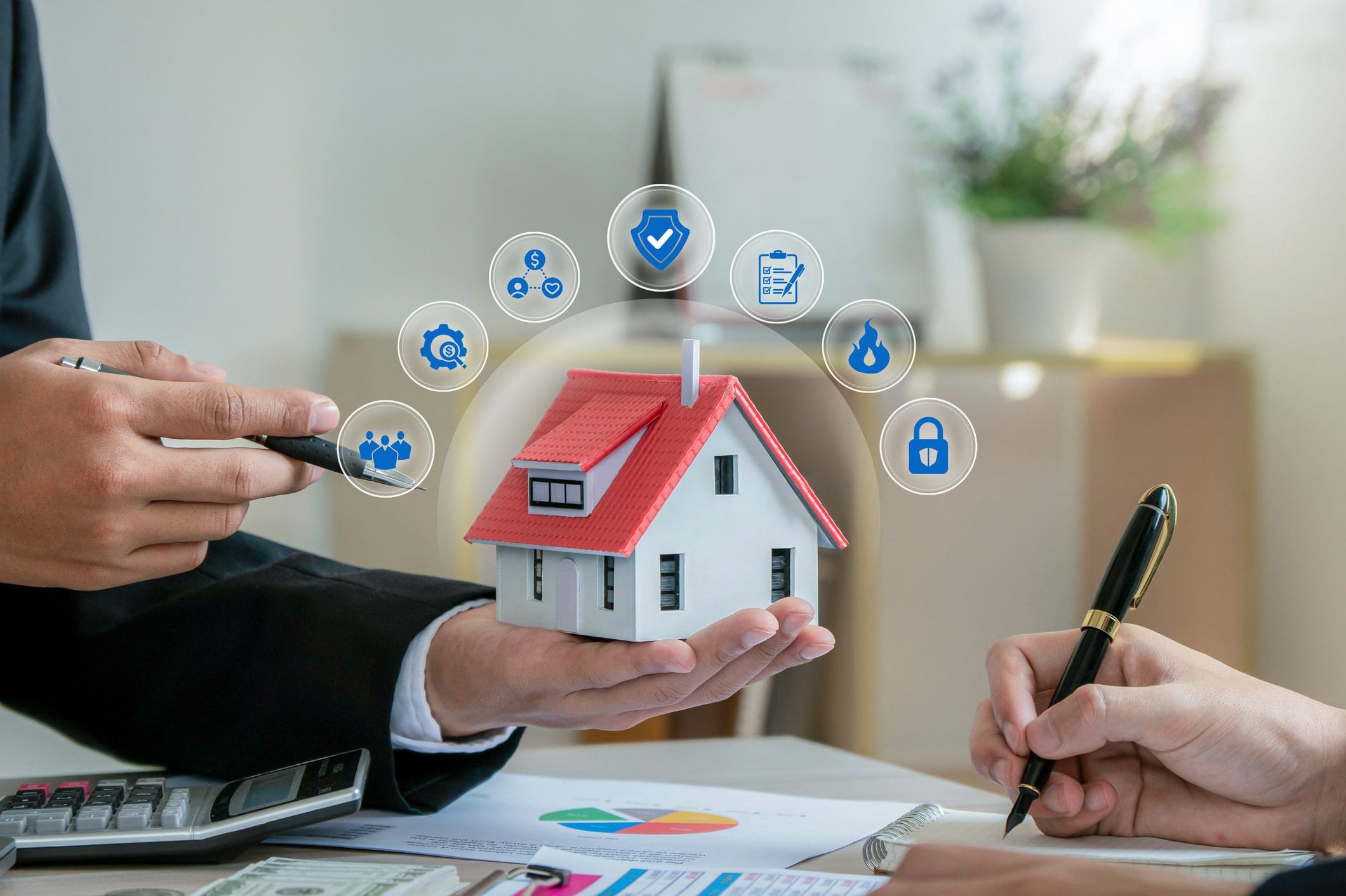 A small house model surrounded by smart home technology icons.