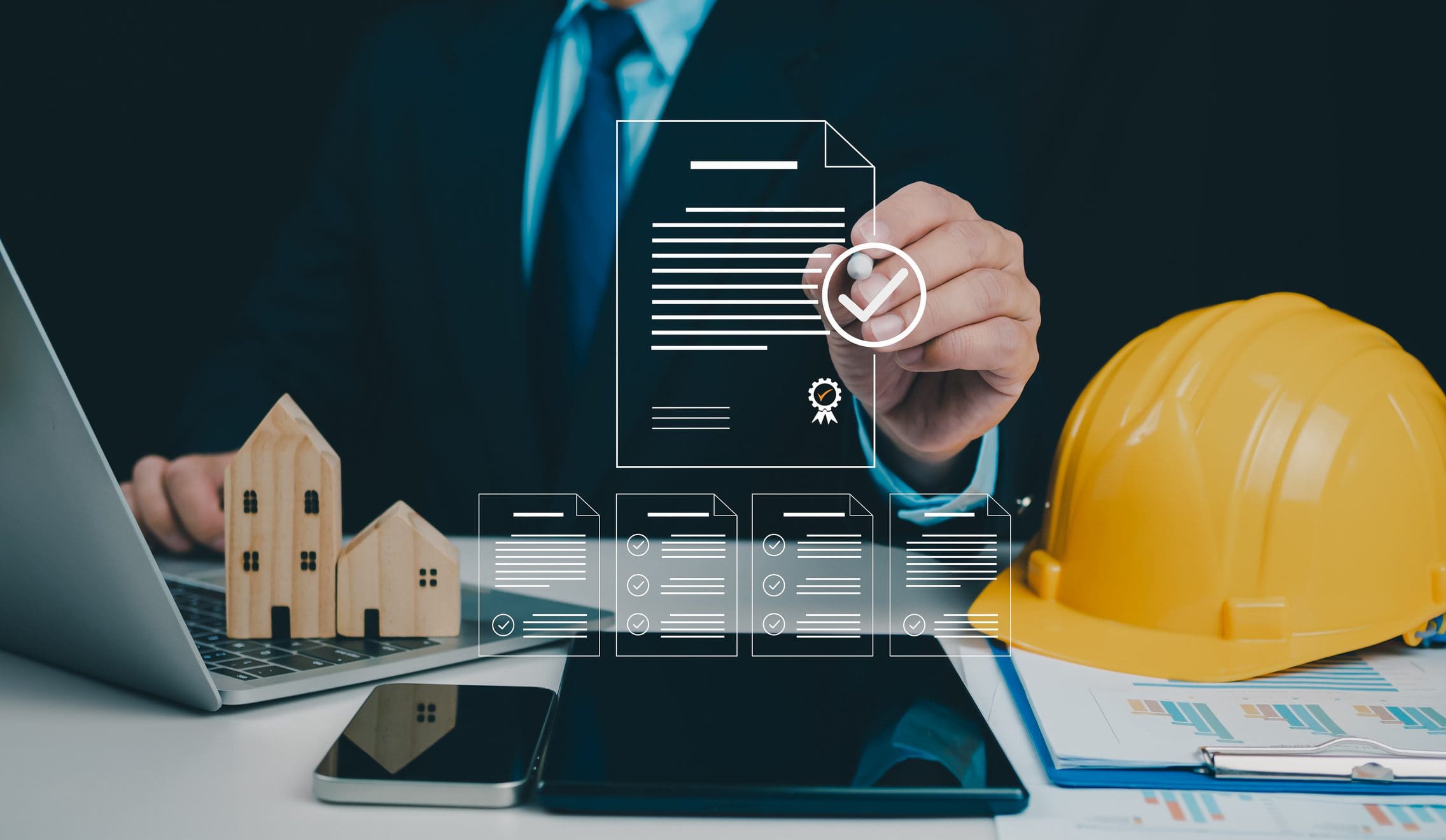 Businessman with construction contract and tools.