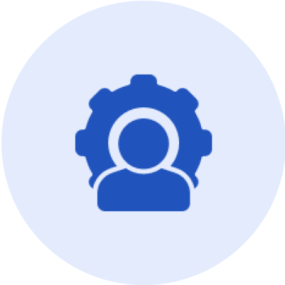 Blue user icon with gear on circle background.