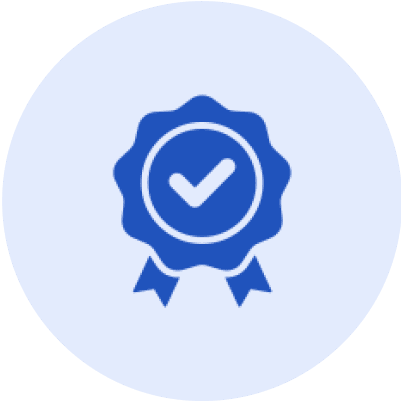 Blue badge with checkmark and ribbons.